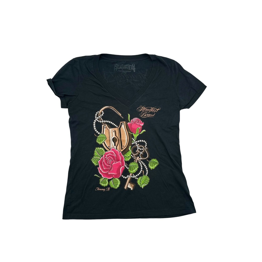 Steadfast Brand Womens V-Neck Graphic Tee Black Tattoo Art Rose Lock Key XL